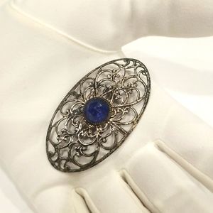 VINTAGE Silver Metal Brooch With Blue Sapphire